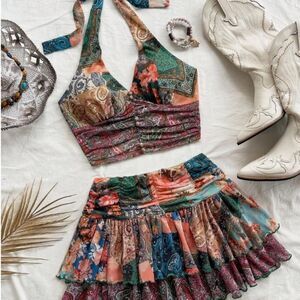 Coquette Mesh Halter Skirt Set | Y2K Pleated Mini Two Piece Vacation Outfit